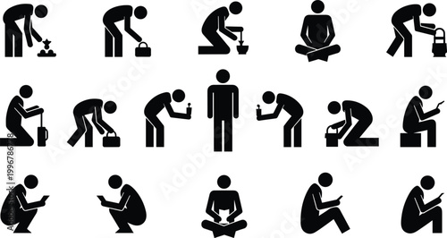 Daily Life Human Stick Figure Pictogram Vector Set with Cleaning Planting Sitting Reading and Device Usage Poses