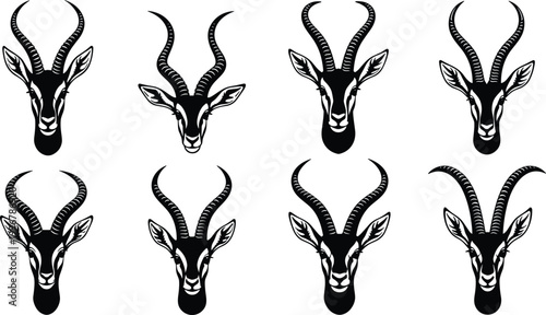 Elegant Antelope and Gazelle Head Silhouette Vector Set with Curved Horn Variations and Detailed Face Designs