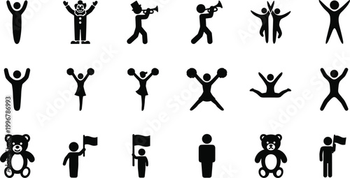 Festive Celebration Stick Figure Vector Icon Set with Clown Cheerleader Trumpet Bear Flag and Joyful Poses