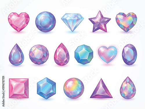  gemstones and precious stones in different shapes  hearts stars spheres teardrops and triangles in pink blue purple and rainbow colors