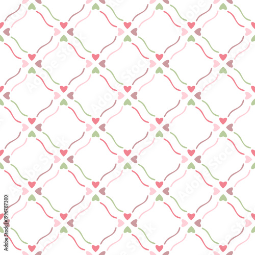 Seamless Pattern with Pastel Heart and Wavy Line Design on White Background. 