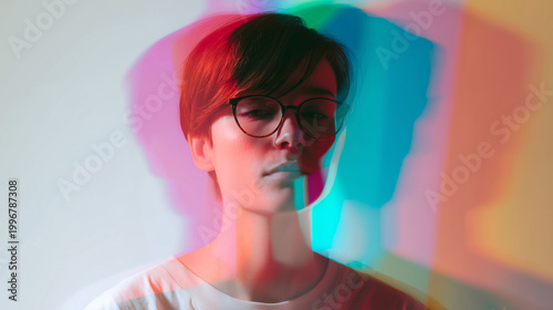 Young person wearing glasses with colorful chromatic aura of red blue teal tones surrounding face, representing inner conflict, mental energy, emotional imbalance and creative consciousness concept.