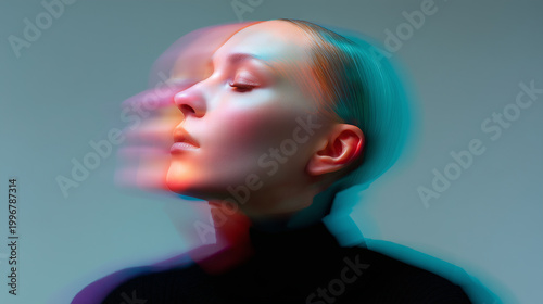 Woman portrait with colorful chromatic aura shifting in red teal and violet tones, representing inner conflict, mental imbalance, emotional energy and meditation concept against gray background.