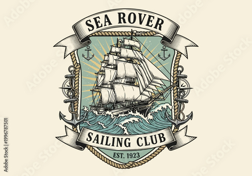 Vintage Sea Rover Sailing Club Emblem With Ship And Anchors