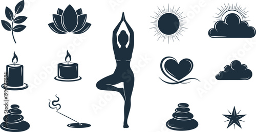 Yoga Meditation Icons Set with Lotus Wellness Symbols