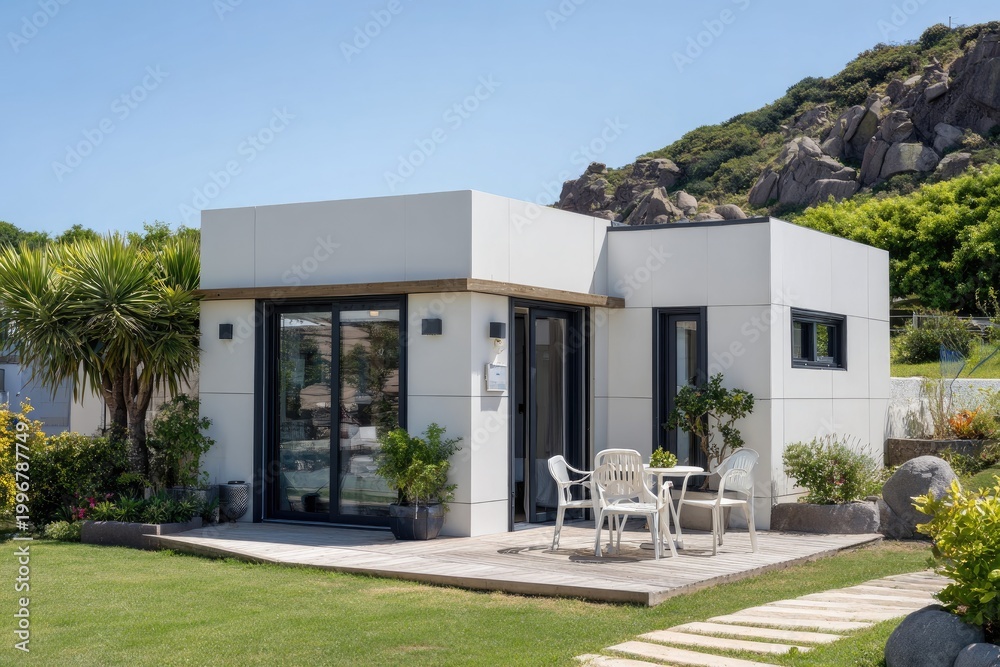 Fototapeta premium Modern, white cabin with a patio. Exterior with table, chairs, plants, and greenery