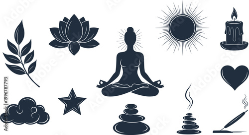 Yoga Meditation Icons Set with Lotus Zen Symbols