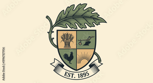 Heritage agriculture crest EST 1895 with oak leaf emblem and rural symbols