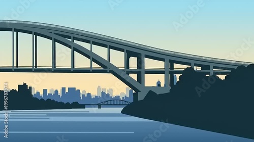 Cityscape with large arched bridge.