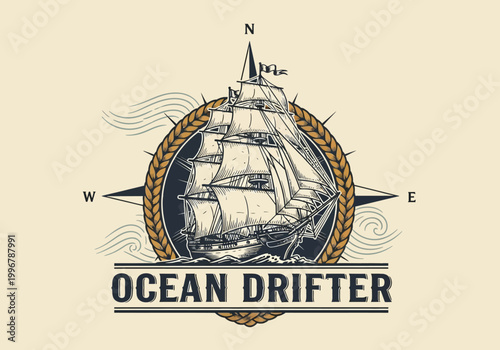 Retro sailing ship logo with compass and waves illustration