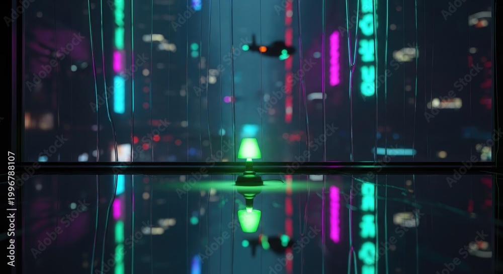 Fototapeta premium Neon Cityscape Reflection - Futuristic Drone Flight.