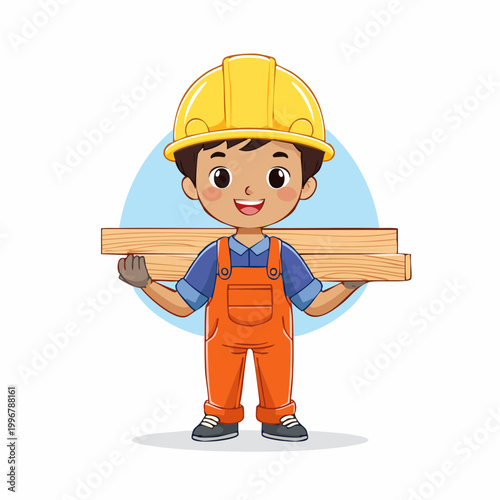 Cartoon Boy Carpenter Holding Wood Planks