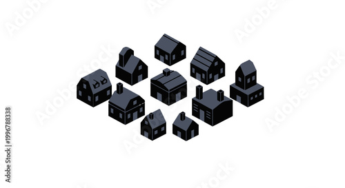 A stylized isometric illustration depicting a quaint collection of dark blue houses arranged in a grid pattern against a clean white background, showcasing simple architectural designs