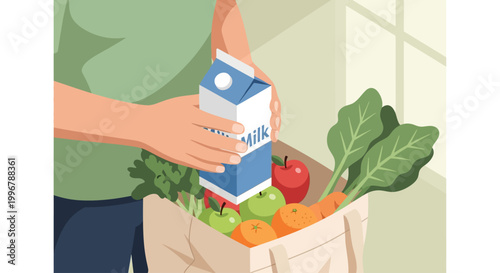 A person holding a carton of milk above a shopping bag filled with fresh produce, including apples, oranges, and leafy greens
