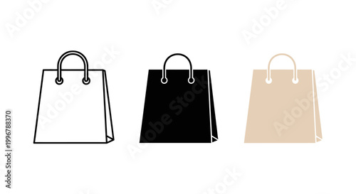 Set of three shopping bags in different styles outline, solid black, and beige, representing retail and commerce