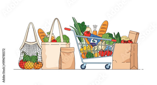 Illustration of grocery bags and a shopping cart filled with fresh produce and bread, representing healthy eating and shopping