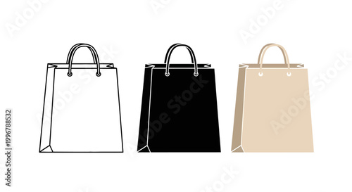 A trio of shopping bags in outline, black, and natural paper textures, representing diverse retail and consumer choices on a white background