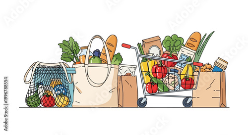 A colorful and vibrant illustration depicting a grocery cart and reusable bags overflowing with fresh produce and pantry staples, signifying healthy eating and shopping
