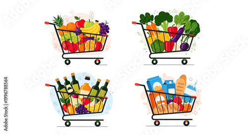 Four grocery carts filled with fresh produce, beverages, and pantry staples, representing healthy food choices and shopping variety