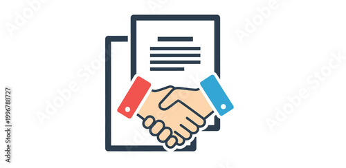 Agreement vector icon of handshake between two people over a contract, symbolizing a deal, partnership, or business transaction completion