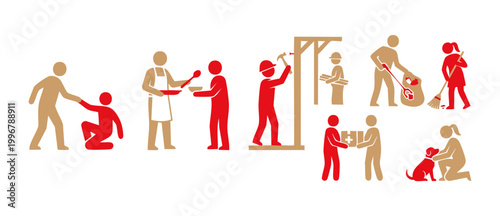 Community Service Volunteer Icons Set Helping People and Charity Work Concept. Vector illustration of social responsibility, kindness, teamwork, donation, care, construction, cleaning, and pet adoptio