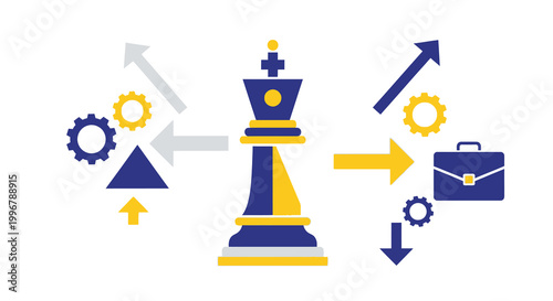 Strategic business planning concept illustrating leadership, critical decision-making, and navigating challenges to achieve successful organizational growth