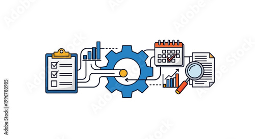 Integrated Business Process Workflow Management. Illustrating data analysis, task execution, planning, and reporting for operational efficiency and productivity growth