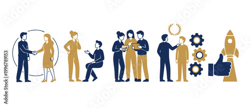 Business Teamwork Concepts Set, Professional Collaboration and Startup Growth Strategy. Corporate people working together, handshake, meeting, leadership, and successful rocket launch infographic illu