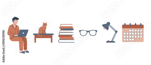 Person working at home with laptop cat and study supplies flat vector illustration, remote work concept with glasses, desk lamp, stack of books, and monthly calendar isolated on white background banne