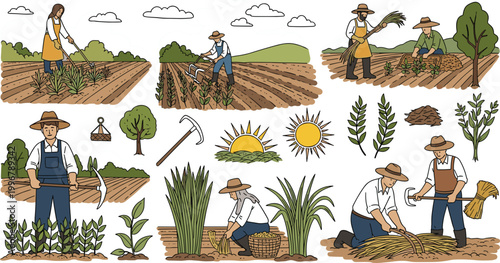 Traditional Agricultural Labor Icon Set Featuring Farmers Harvesting Crops, Manual Tilling, Organic Gardening, and Sustainable Farming Tools for Rural 