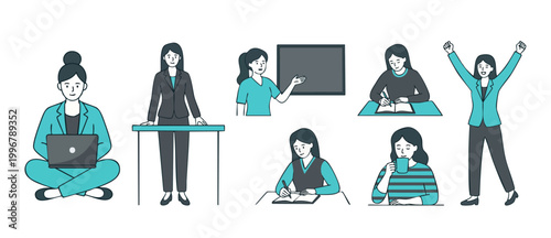 Business woman flat vector set, office worker daily routine, professional tasks and workplace activities, modern character poses, professional training, corporate employee lifestyle in minimal style.