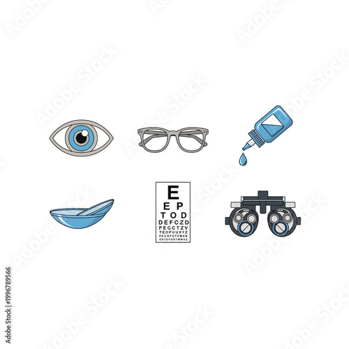 Eye care and vision icons: eye glasses drops lens chart phoropter with optometry