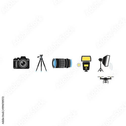 Professional photography gear equipment icon collection with photography