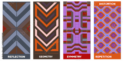 set of four geometric patterns with reflection symmetry repetition distortion