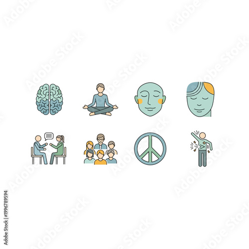 Mindfulness and mental well being colorful icon collection with mindfulness