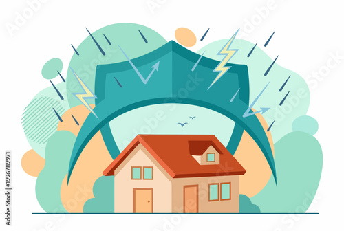 Home insurance concept with house protected by shield from storm