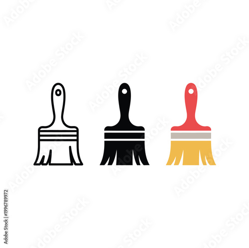 Paint brush icon set representing home improvement interior wall painting decorating tool for DIY renovation construction and artistic design projects