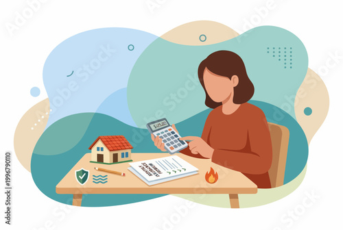 Woman calculating home insurance policy costs with house model