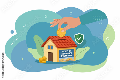 Home Insurance Concept with House Shaped Bank and Monthly Premiums