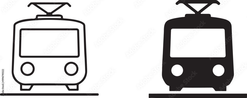 Naklejka premium Light rail transit with pantograph icons in black silhouette and outline.