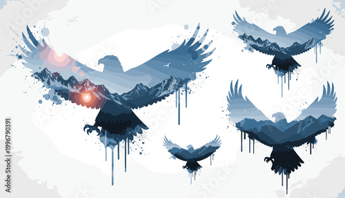 
Double Exposure Eagle Silhouette Set with Mountain Landscape and Dripping Ink Effect in Blue Tones for Creative Art and Tattoo Design
Double Exposure Eagle Silhouette Set with Mountain 