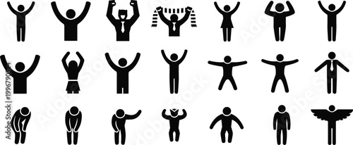 Human Emotion and Gesture Stick Figure Pictogram Vector Set with Celebration Victory Sadness and Angel Poses