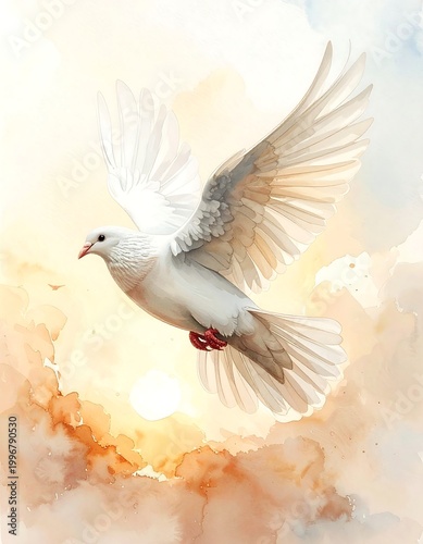 Watercolor painting of a white dove in graceful flight, against soft clouds