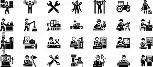 Industrial Worker and Heavy Machinery Vector Icon Set with Factory Engineer Welder Tractor and Workshop Equipment Symbols