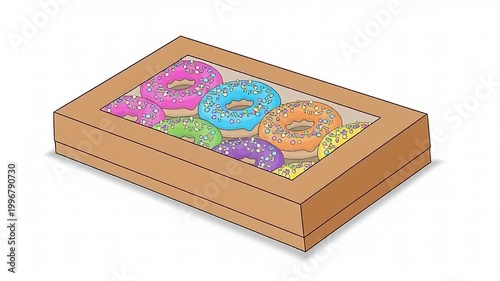 Colorful donuts in wooden box.