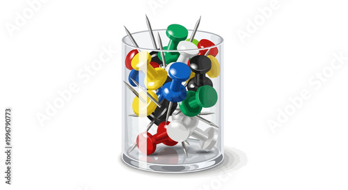 Colorful push pins in glass jar.