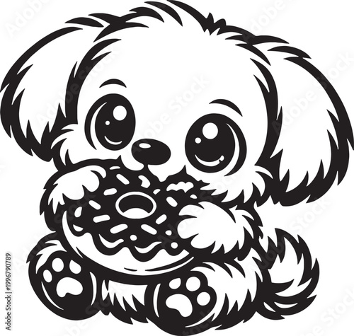 Black and white drawing of a dog happily eating a donut.