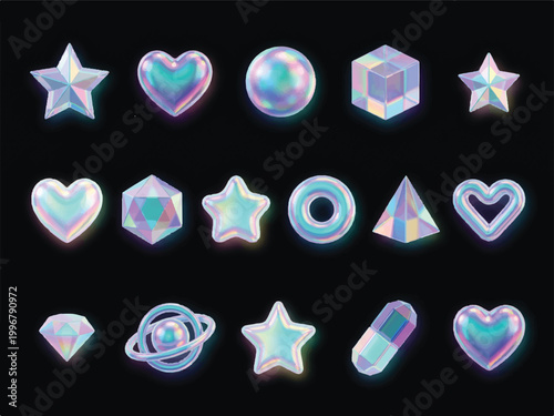 Iridescent holographic 3D geometric shapes and symbols collection including stars hearts spheres cubes diamonds and planets in shiny reflective material  isolated on dark background