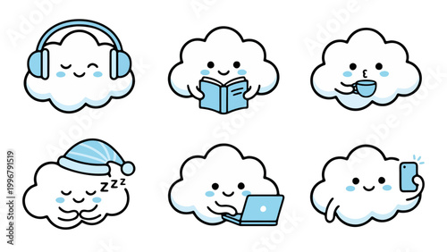 Collection of cute, anthropomorphic clouds expressing various emotions and activities