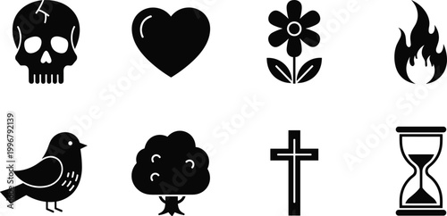 Symbolic Life and Death Vector Icon Set with Skull Heart Flower Flame Bird Tree Cross and Hourglass Elements